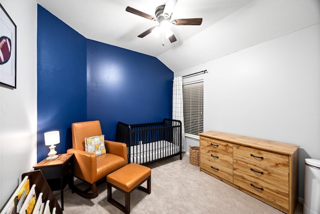14939 Stablewood Downs Ln, Cypress, TX 77429 - carpeted bedroom featuring lofted ceiling, a nursery area, and ceiling fan