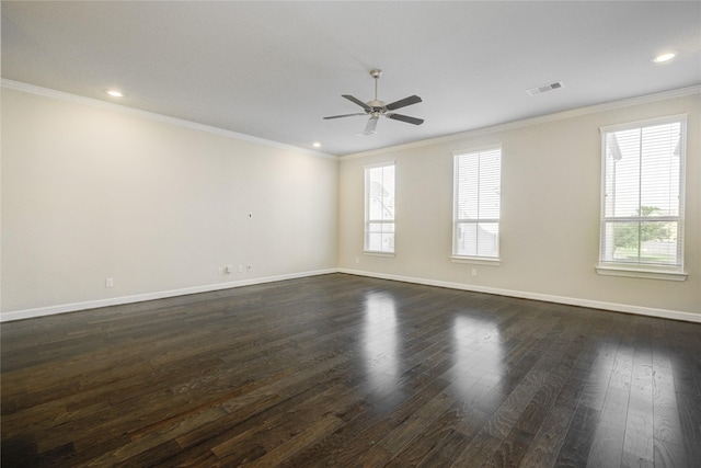 9624 Cambridge Manor Ln, Houston, TX 77045 - empty room featuring ceiling fan, plenty of natural light, dark wood-style floors, ornamental molding, and recessed lighting