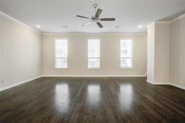 9624 Cambridge Manor Ln, Houston, TX 77045 - spare room with dark wood-type flooring, plenty of natural light, ceiling fan, ornamental molding, and recessed lighting