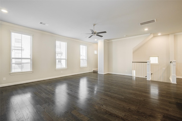 9624 Cambridge Manor Ln, Houston, TX 77045 - unfurnished living room featuring crown molding, a ceiling fan, dark wood-style floors, and recessed lighting