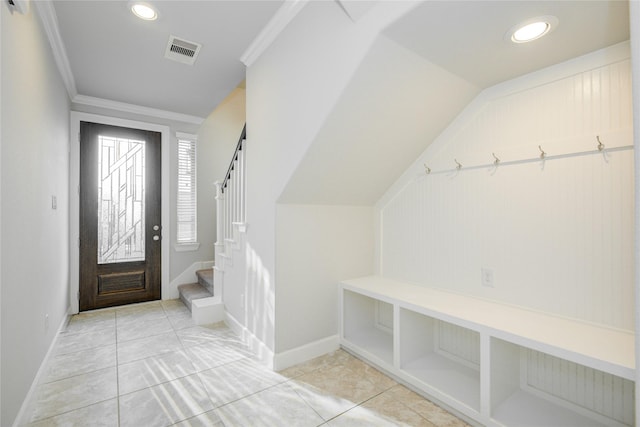 9624 Cambridge Manor Ln, Houston, TX 77045 - mudroom with crown molding and recessed lighting
