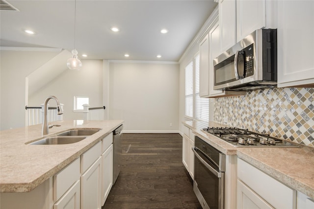 9624 Cambridge Manor Ln, Houston, TX 77045 - kitchen with stainless steel appliances, ornamental molding, recessed lighting, backsplash, and dark wood-type flooring