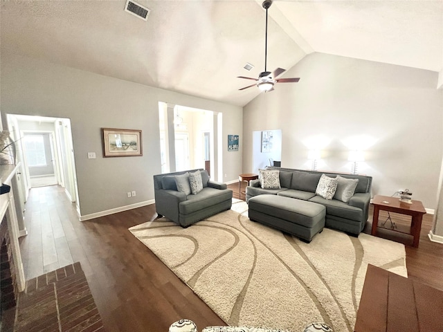 1407 Evening Cloud Ct, Katy, TX 77450 - living room featuring lofted ceiling, wood finished floors, and ceiling fan
