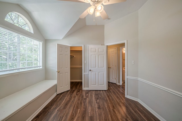 13430 Magnolia Crest Ln, Houston, TX 77070 - unfurnished bedroom featuring dark wood-type flooring, lofted ceiling, a spacious closet, and ceiling fan
