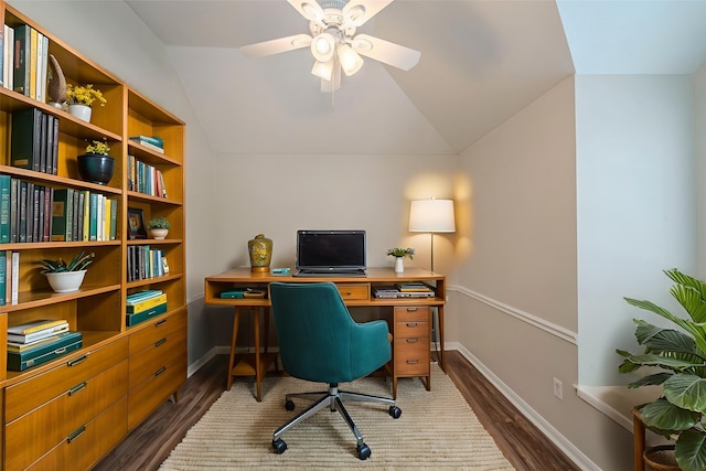 13430 Magnolia Crest Ln, Houston, TX 77070 - office area with dark wood finished floors, vaulted ceiling, and ceiling fan