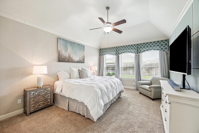 19427 Stanton Lake Dr, Cypress, TX 77433 - bedroom with crown molding, lofted ceiling, light colored carpet, and a ceiling fan