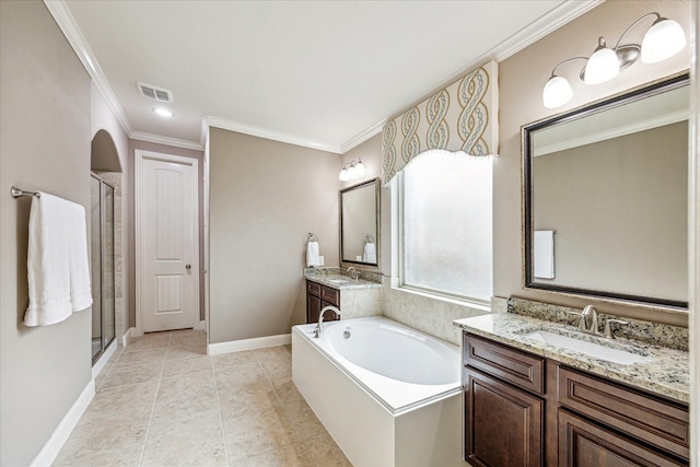 19427 Stanton Lake Dr, Cypress, TX 77433 - bathroom with ornamental molding, a shower stall, two vanities, and a bath