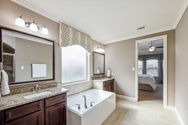 19427 Stanton Lake Dr, Cypress, TX 77433 - ensuite bathroom with two vanities, a garden tub, crown molding, tile patterned flooring, and a shower with shower door