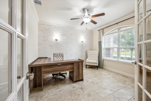 19427 Stanton Lake Dr, Cypress, TX 77433 - office area featuring ornamental molding, ceiling fan, and french doors