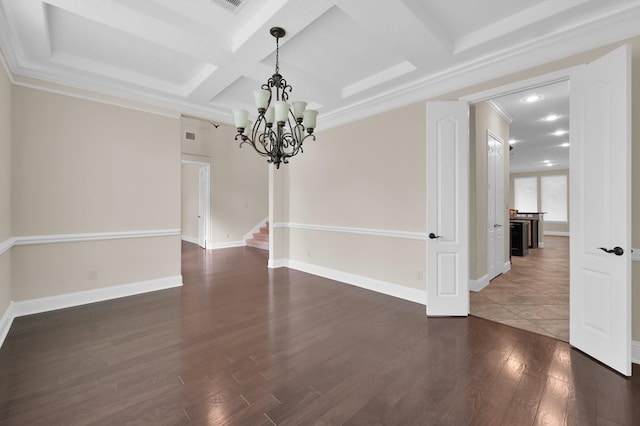 3403 Wooded Ln, Conroe, TX 77301 - empty room with a chandelier, coffered ceiling, dark wood finished floors, stairway, and beamed ceiling