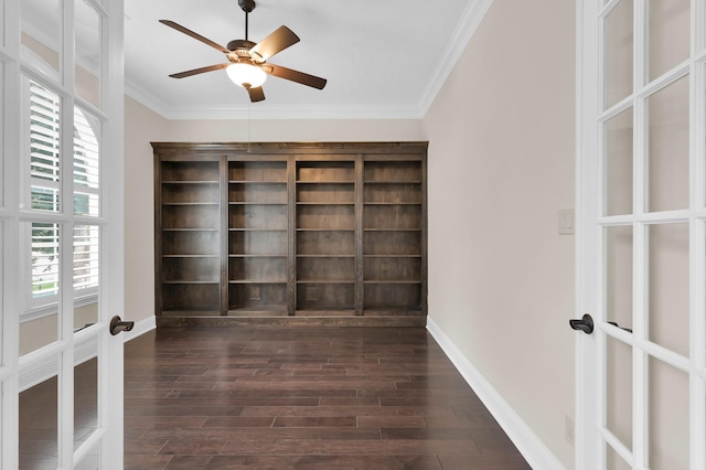 3403 Wooded Ln, Conroe, TX 77301 - unfurnished room with french doors, ornamental molding, dark wood-type flooring, and ceiling fan