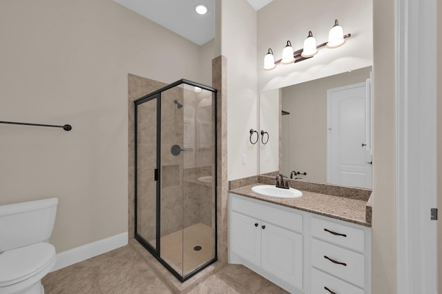 3403 Wooded Ln, Conroe, TX 77301 - bathroom with vanity, a stall shower, and tile patterned floors
