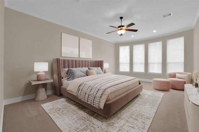 3403 Wooded Ln, Conroe, TX 77301 - bedroom with light carpet, ceiling fan, recessed lighting, and crown molding