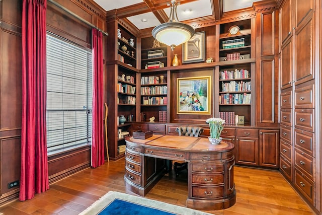7826 Camden Hollow Ln, Humble, TX 77396 - office with light wood-type flooring, built in features, coffered ceiling, and crown molding
