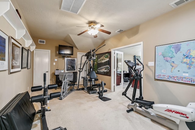 7826 Camden Hollow Ln, Humble, TX 77396 - workout room with ceiling fan, carpet flooring, vaulted ceiling, and a textured ceiling