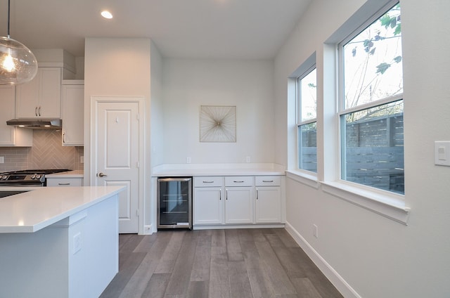9577 Neuens Rd Unit F, Houston, TX 77080 - kitchen with beverage cooler, wood finished floors, under cabinet range hood, backsplash, and light countertops