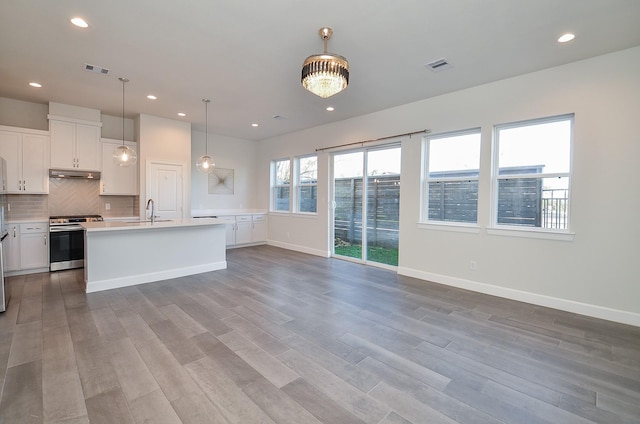 9577 Neuens Rd Unit F, Houston, TX 77080 - kitchen featuring stainless steel electric stove, under cabinet range hood, light countertops, wood finished floors, and decorative backsplash