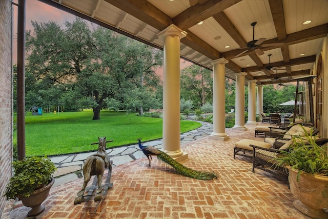 3 E Rivercrest Dr, Houston, TX 77042 - view of patio / terrace with ceiling fan and view of scattered trees