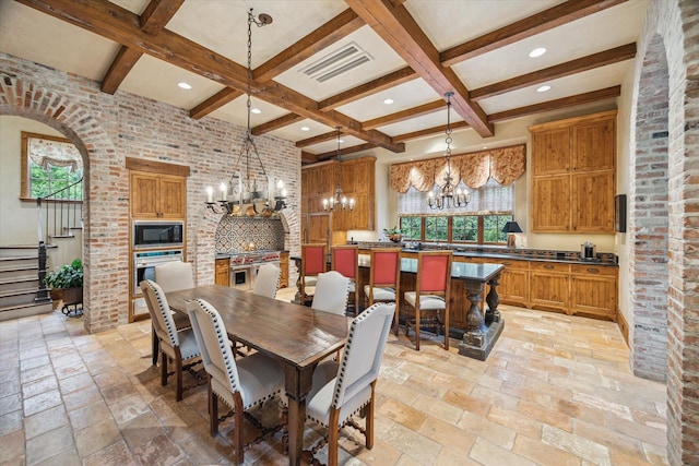 3 E Rivercrest Dr, Houston, TX 77042 - dining room with a chandelier, coffered ceiling, beamed ceiling, stone tile flooring, and recessed lighting