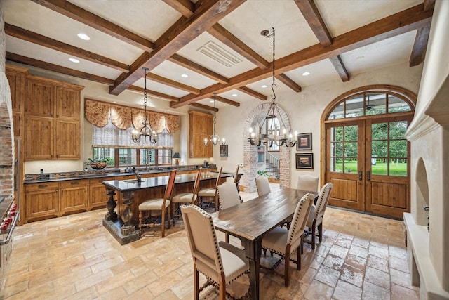 3 E Rivercrest Dr, Houston, TX 77042 - dining room featuring a chandelier, plenty of natural light, beam ceiling, coffered ceiling, and french doors