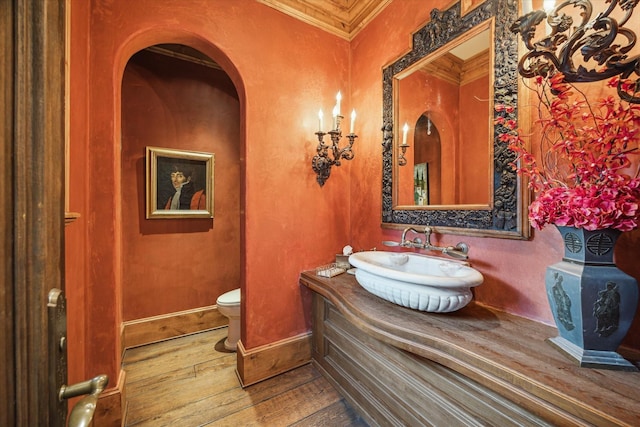 3 E Rivercrest Dr, Houston, TX 77042 - bathroom with ornamental molding, hardwood / wood-style floors, and vanity