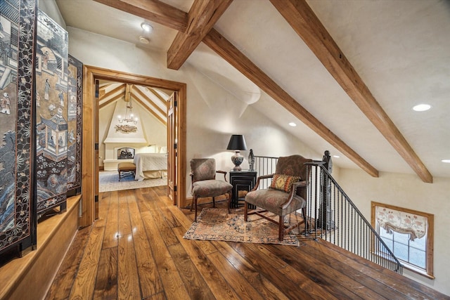 3 E Rivercrest Dr, Houston, TX 77042 - sitting room with beam ceiling, hardwood / wood-style floors, an upstairs landing, recessed lighting, and a chandelier