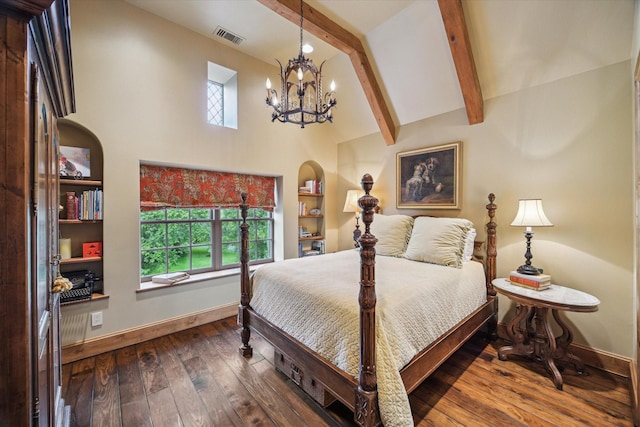 3 E Rivercrest Dr, Houston, TX 77042 - bedroom featuring a chandelier, dark wood-style floors, high vaulted ceiling, and beam ceiling