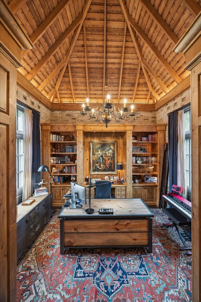 3 E Rivercrest Dr, Houston, TX 77042 - office space with healthy amount of natural light, carpet floors, a wooden ceiling with exposed beams, high vaulted ceiling, and wooden walls