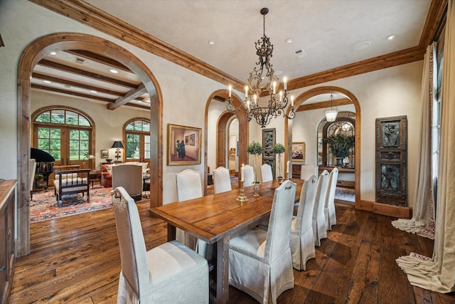 3 E Rivercrest Dr, Houston, TX 77042 - dining room with arched walkways, dark wood-style flooring, beamed ceiling, ornamental molding, and recessed lighting