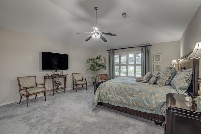 332 N Amherst Dr, West Columbia, TX 77486 - bedroom featuring carpet flooring, vaulted ceiling, and a ceiling fan