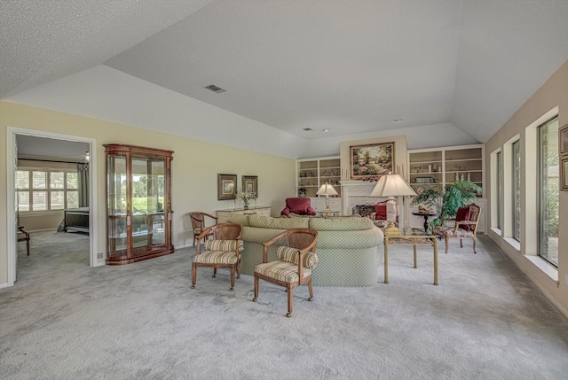 332 N Amherst Dr, West Columbia, TX 77486 - carpeted living room featuring lofted ceiling and built in shelves
