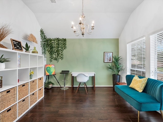 2042 Shore Breeze Dr, Pearland, TX 77584 - sitting room with vaulted ceiling, a chandelier, and wood finished floors