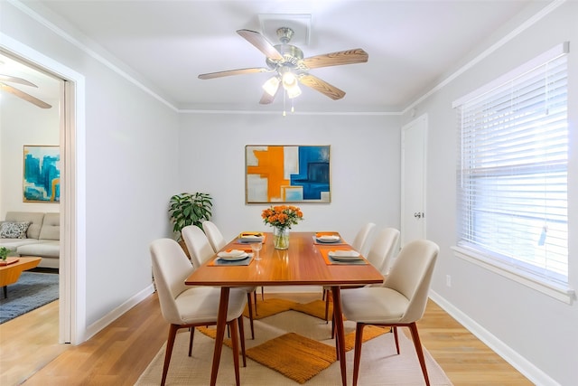 6609 Imogene St, Houston, TX 77074 - dining space featuring ceiling fan, light wood finished floors, and crown molding