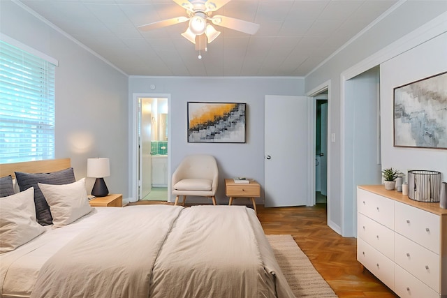 6609 Imogene St, Houston, TX 77074 - bedroom featuring crown molding, connected bathroom, and ceiling fan