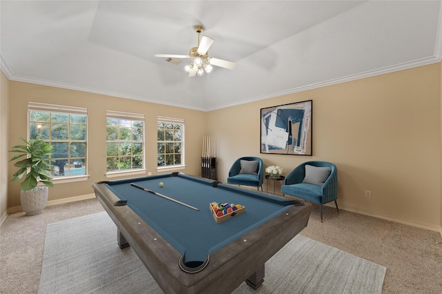 1922 Briarchester Dr, Katy, TX 77450 - recreation room with carpet, billiards, ceiling fan, ornamental molding, and a raised ceiling