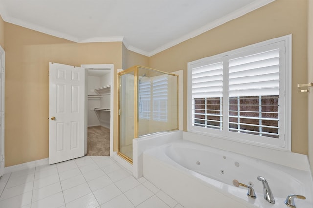 1922 Briarchester Dr, Katy, TX 77450 - full bathroom featuring a shower stall, a tub with jets, crown molding, tile patterned floors, and a spacious closet