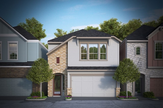 16026 Mason Run Dr, Houston, TX 77079 - view of front of home featuring stone siding, a shingled roof, a garage, driveway, and board and batten siding