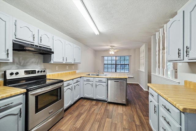 2850 Pheasant Run, Humble, TX 77396 - kitchen featuring stainless steel appliances, under cabinet range hood, a peninsula, a ceiling fan, and dark wood-style flooring