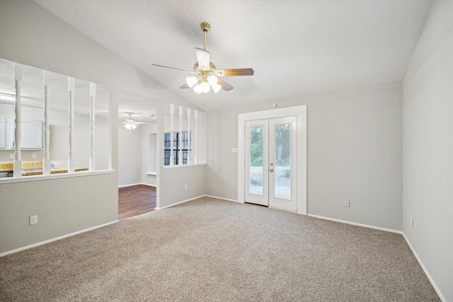 2850 Pheasant Run, Humble, TX 77396 - carpeted empty room with ceiling fan, french doors, and vaulted ceiling
