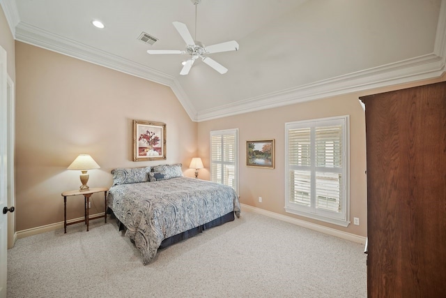 4009 Bellefontaine St, Houston, TX 77025 - bedroom featuring ornamental molding, lofted ceiling, carpet, ceiling fan, and recessed lighting