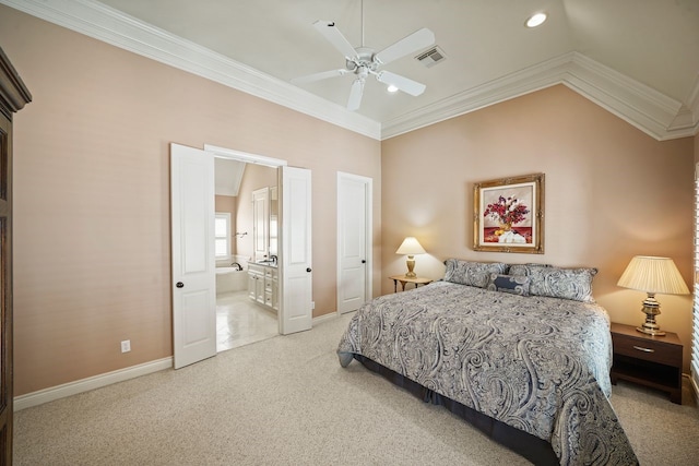 4009 Bellefontaine St, Houston, TX 77025 - bedroom with crown molding, light carpet, recessed lighting, ceiling fan, and ensuite bathroom