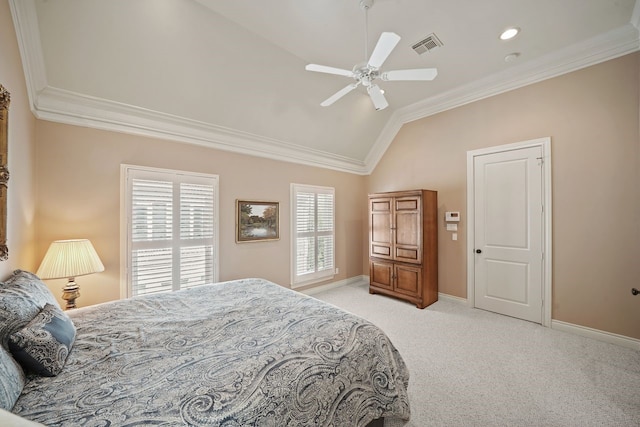 4009 Bellefontaine St, Houston, TX 77025 - carpeted bedroom with lofted ceiling, crown molding, and a ceiling fan