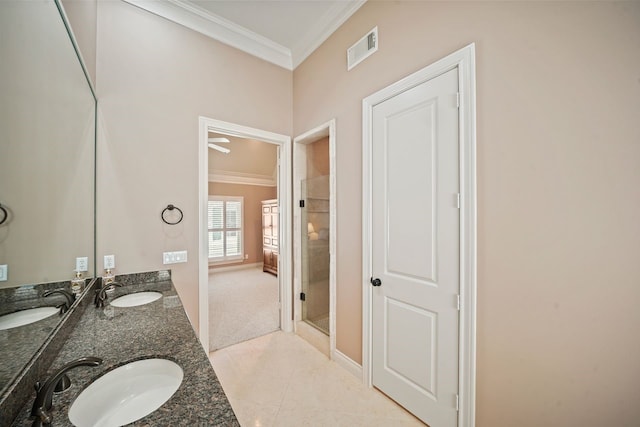 4009 Bellefontaine St, Houston, TX 77025 - full bath with ornamental molding, double vanity, tile patterned flooring, a shower stall, and ceiling fan