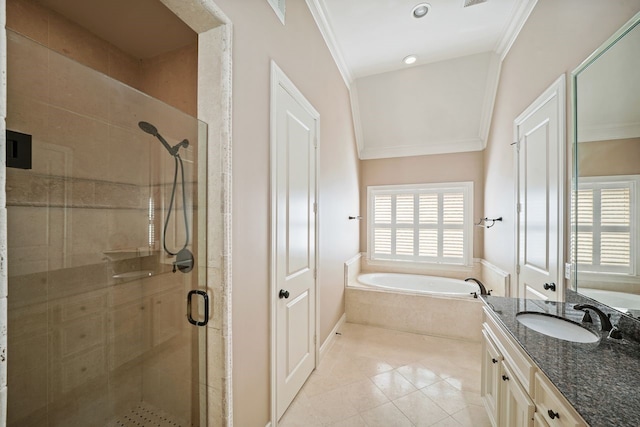 4009 Bellefontaine St, Houston, TX 77025 - full bathroom with a garden tub, vanity, a shower stall, healthy amount of natural light, and ornamental molding