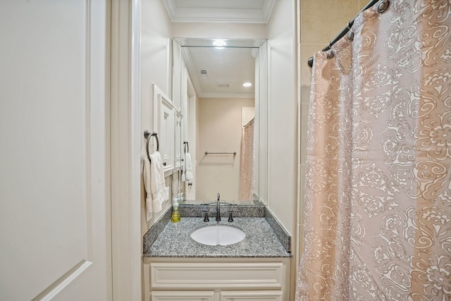 4009 Bellefontaine St, Houston, TX 77025 - bathroom featuring crown molding, vanity, and curtained shower
