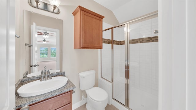 12610 Baldwin Springs Ct, Tomball, TX 77377 - full bath with ceiling fan, a shower stall, vanity, and vaulted ceiling