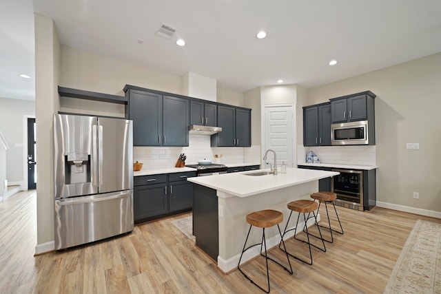 911 W 35th St Unit C, Houston, TX 77018 - kitchen featuring appliances with stainless steel finishes, under cabinet range hood, beverage cooler, tasteful backsplash, and light wood-type flooring