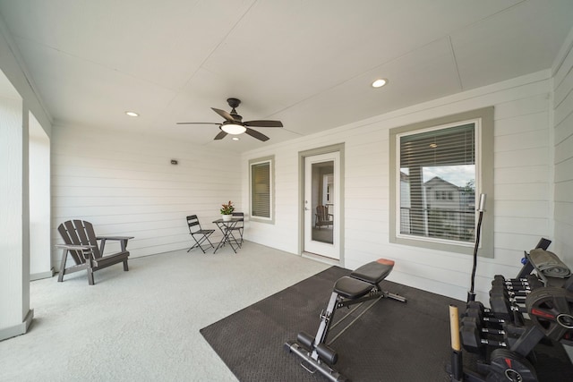911 W 35th St Unit C, Houston, TX 77018 - exercise area featuring a ceiling fan, carpet flooring, recessed lighting, and wooden walls