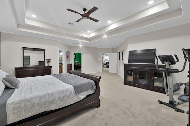 11304 Monarchs Way, Montgomery, TX 77316 - carpeted bedroom featuring a raised ceiling, recessed lighting, and a ceiling fan