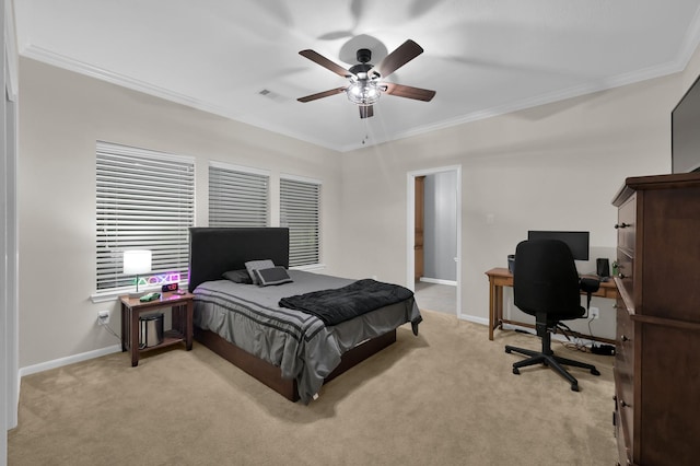 11304 Monarchs Way, Montgomery, TX 77316 - bedroom with ornamental molding, a desk, light carpet, and a ceiling fan